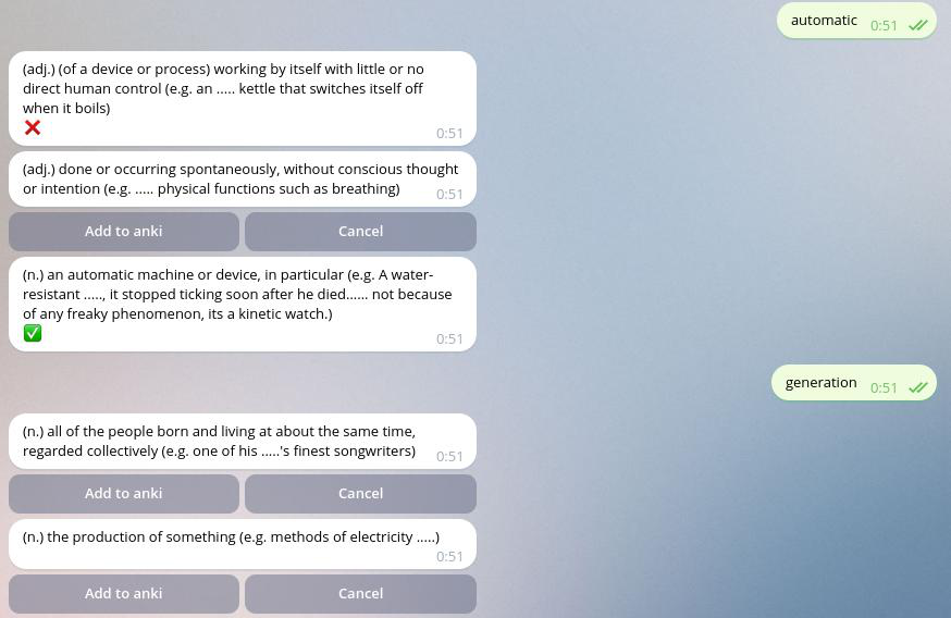 ankigenbot showing definition choices in Telegram