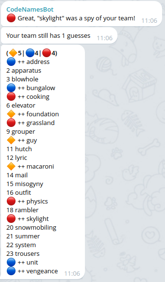 Codenames board in English inside Telegram