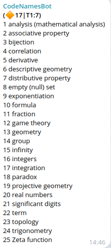 Codenames board using a math deck inside Telegram