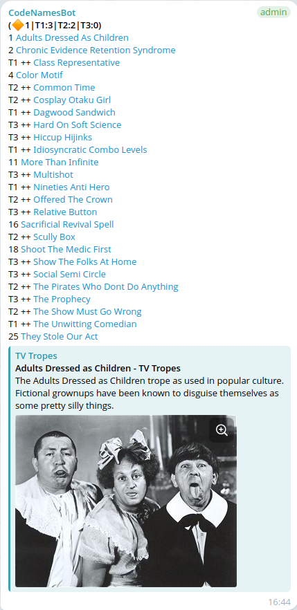 Codenames board using a TV Tropes deck inside Telegram